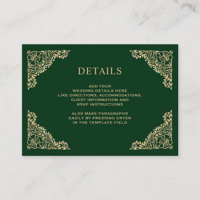 Carte D'accompagnement Détails du Mariage Floral Green and Gold (Devant)