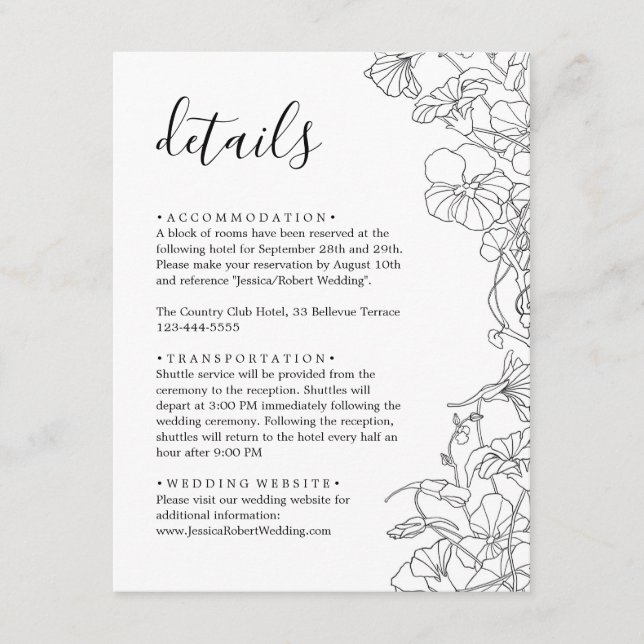 Carte D'accompagnement Détails du Mariage Floral noir et blanc moderne (Devant)