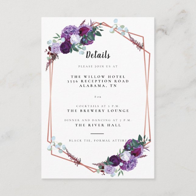 Carte D'accompagnement Détails du Mariage floral pourpre (Devant)