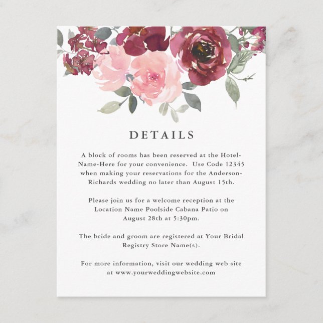 Carte D'accompagnement Détails du Mariage floral romantique rose et borde (Devant)