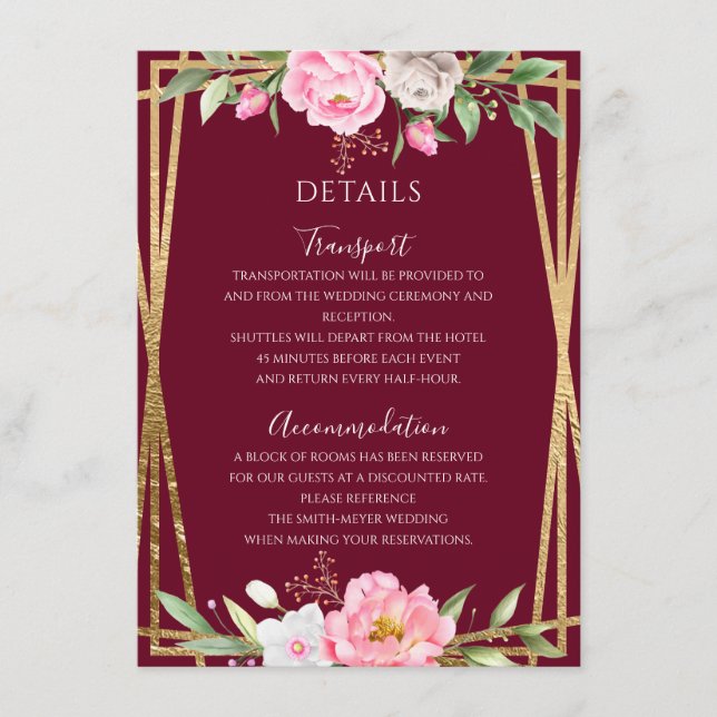 Carte D'accompagnement Détails du Mariage géométrique de la Flore rose de (Devant)