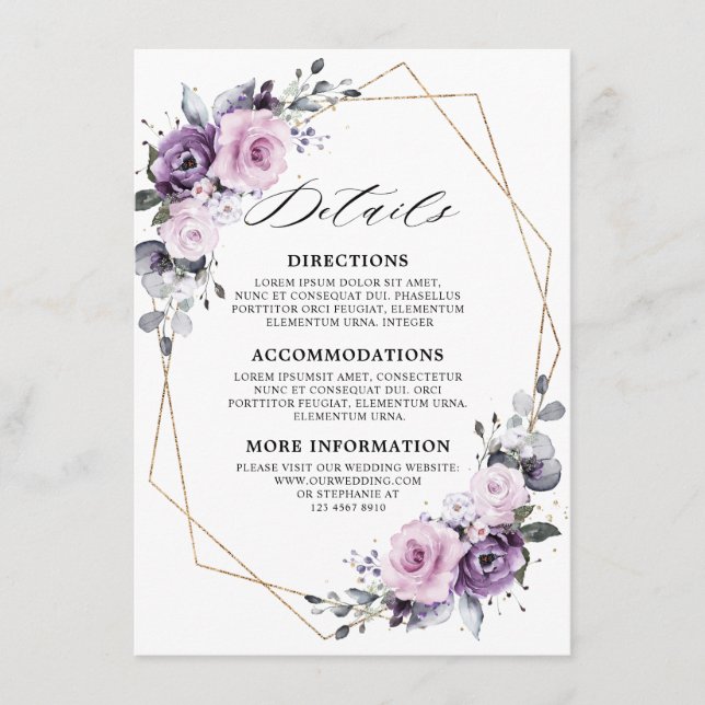 Carte D'accompagnement Détails du Mariage géométrique en fleurs violettes (Devant)