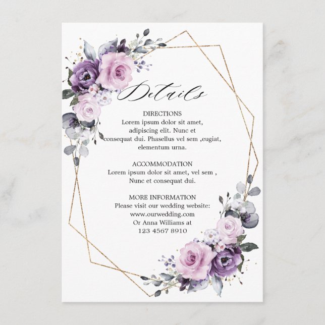 Carte D'accompagnement Détails du Mariage géométrique en fleurs violettes (Devant)