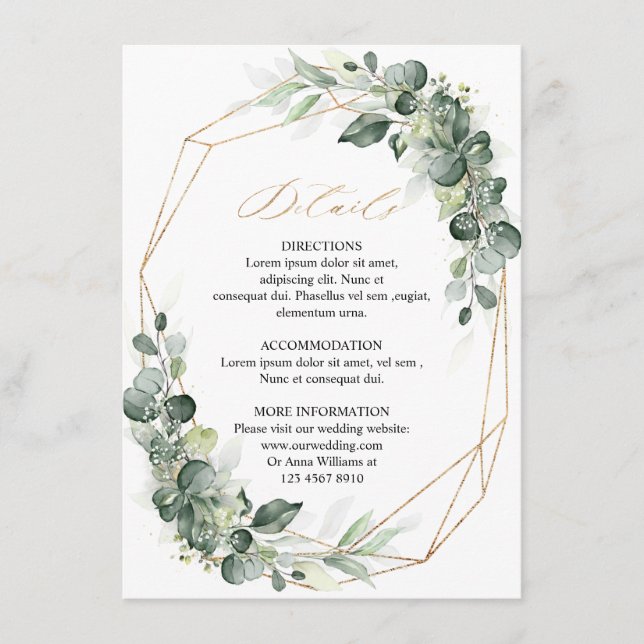 Carte D'accompagnement Détails du Mariage géométrique Eucalyptus Greenery (Devant)