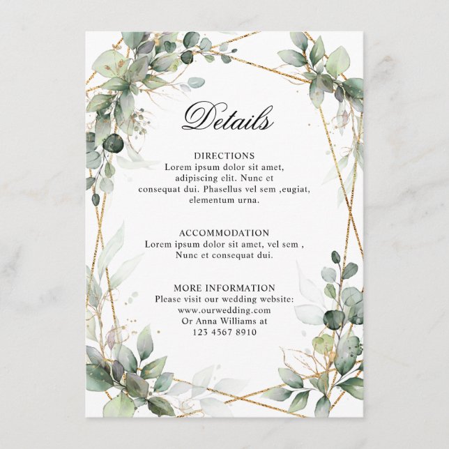 Carte D'accompagnement Détails du Mariage géométrique Eucalyptus Greenery (Devant)