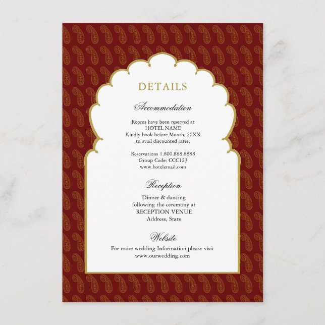 Carte D'accompagnement Détails du mariage indien traditionnel Red & Gold (Devant)