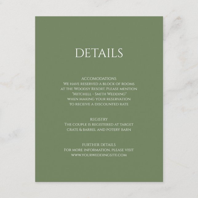 Carte D'accompagnement DÉTAILS DU mariage Insérer Vert olive blanc (Devant)