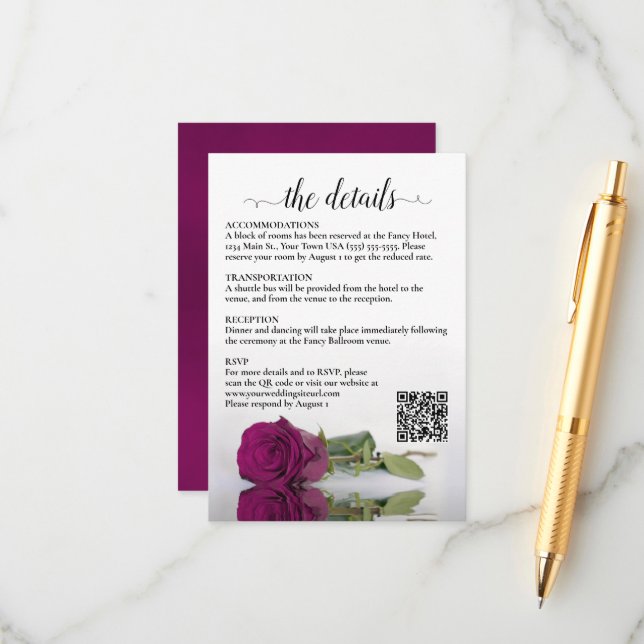 Carte D'accompagnement Détails du mariage Magenta Raspberry Rose QR Code (Devant/Arrière en situation)