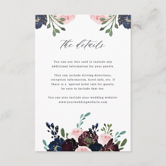 Carte D'accompagnement Détails du mariage | Mariage floral marine et prun (Devant)