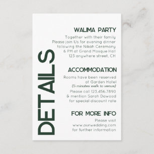 Carte D'accompagnement Détails du Mariage minimaliste de typographie vert