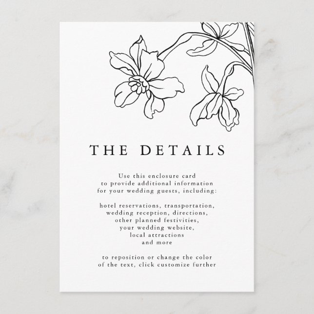 Carte D'accompagnement Détails du Mariage moderne Floral noir et blanc (Devant)