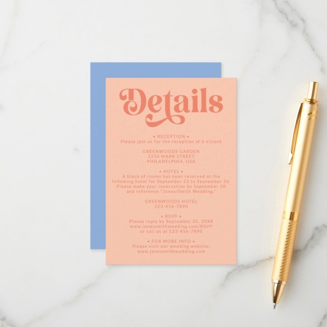 Carte D'accompagnement Détails du Mariage moderne Retro Peach et Blue (Devant/Arrière en situation)