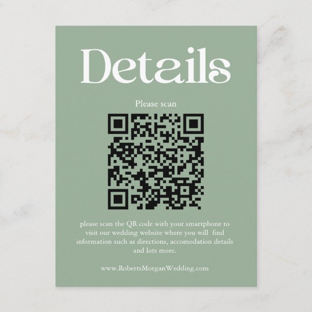 Carte D'accompagnement Détails du Mariage moderne Sage Green QR Code (Devant)