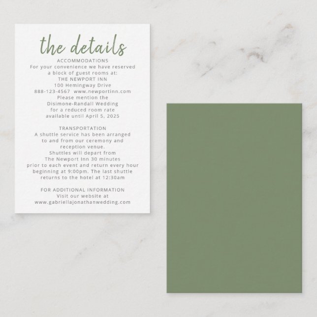 Carte D'accompagnement Détails du Mariage moderne vert olive (Devant / Derrière)