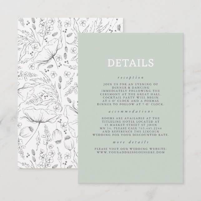 Carte D'accompagnement Détails du Mariage Motif Fleur sauvage dessiné à l (Devant / Derrière)