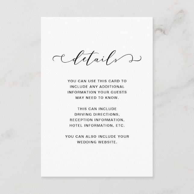 Carte D'accompagnement Détails du Mariage noir et blanc chic (Devant)