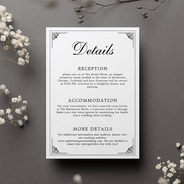 Carte D'accompagnement Détails du Mariage noir et blanc élégant (Créateur téléchargé)