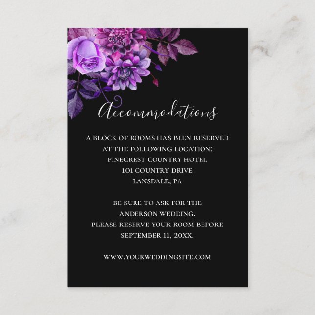 Carte D'accompagnement Détails du mariage noir et violet. Hébergements (Devant)