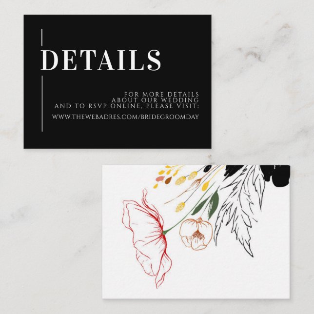 Carte D'accompagnement Détails du Mariage noir fleur sauvage (Devant / Derrière)