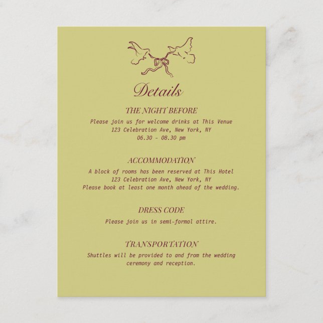 Carte D'accompagnement Détails du mariage Oiseaux illustrés (Devant)