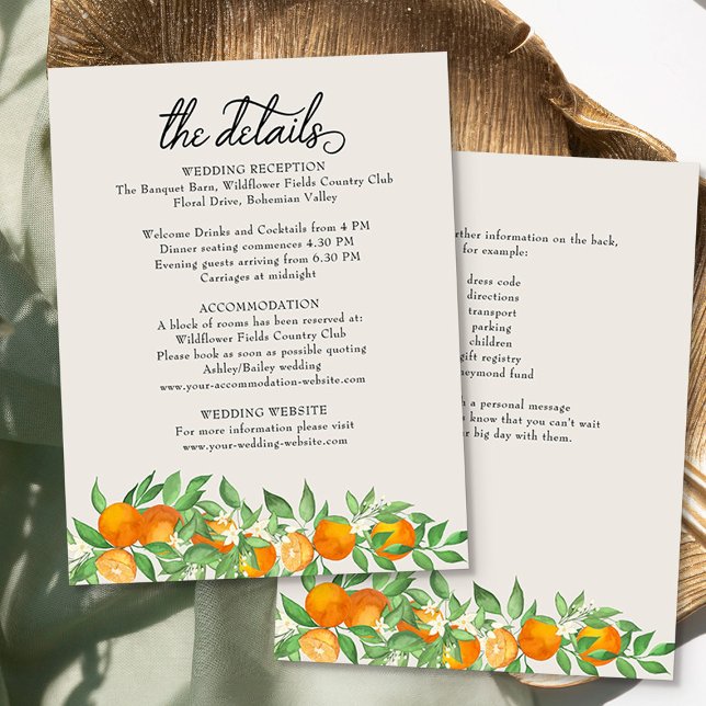 Carte D'accompagnement Détails du Mariage Orange Blossom (Details enclosure cards from the Orange Blossom Wedding Collection by Darling & May)