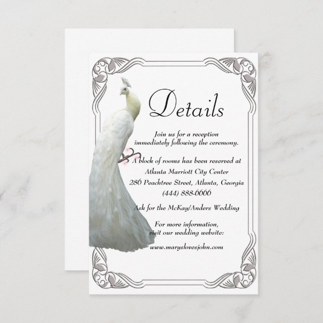Carte D'accompagnement Détails du Mariage Peacock blanc (Devant / Derrière)