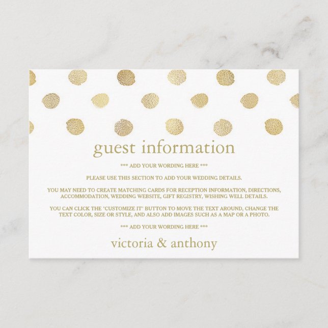 Carte D'accompagnement Détails du Mariage Pois moderne White & Gold (Devant)