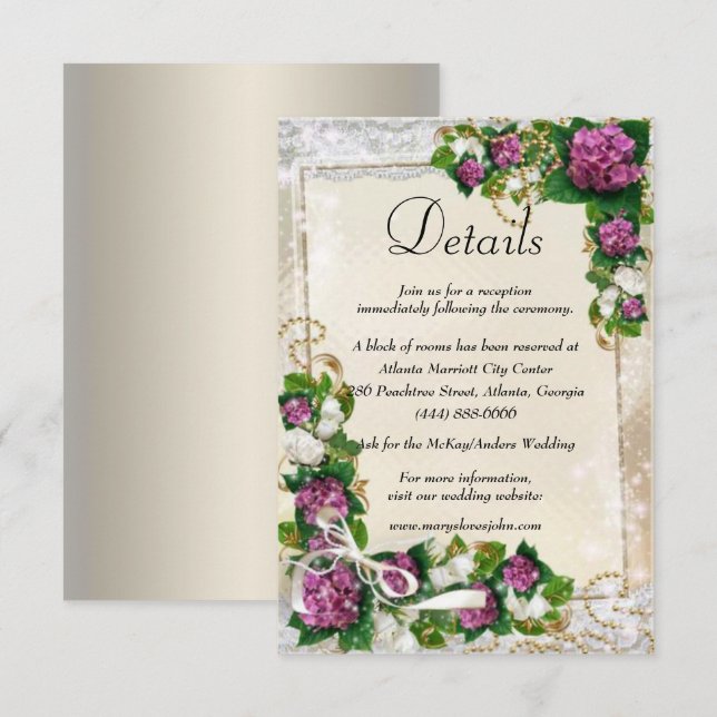 Carte D'accompagnement Détails du Mariage Purple Hydrangea Et Dentelle (Devant / Derrière)