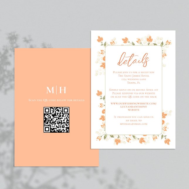 Carte D'accompagnement Détails du mariage QR Code RSVP Peach Floral (Elegant peach foliage foliage wedding details card with a QR Code. )