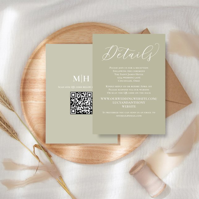 Carte D'accompagnement Détails du mariage QR Code RSVP Sage Green (Wedding details enclosure card with elegant calligraphy script)
