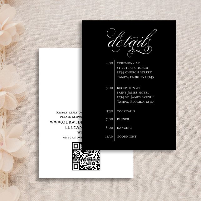 Carte D'accompagnement Détails du mariage QR Code simple noir et blanc (Elegant Calligraphy Script Wedding Details Timeline enclosure insert card)