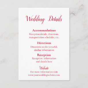 Carte D'accompagnement Détails du Mariage rouge et blanc