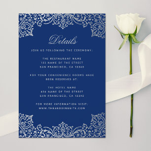 Carte D'accompagnement Détails du mariage Royal Blue Silver Elegant Antiq