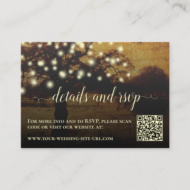 Carte D'accompagnement Détails du Mariage Rustic Tree Lights & RSVP QR Co (Devant)