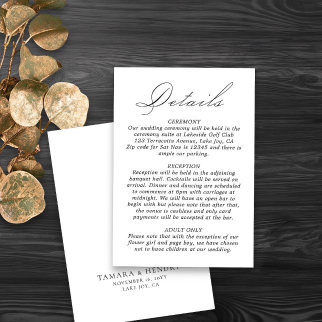 Carte D'accompagnement Détails du mariage Script de calligraphie blanc (Elegant and simple wedding details card in black and white from my Wedding Colors Collection)