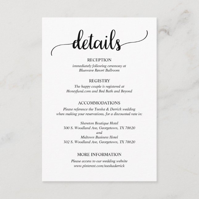 Carte D'accompagnement Détails du mariage, Script rustique (Devant)