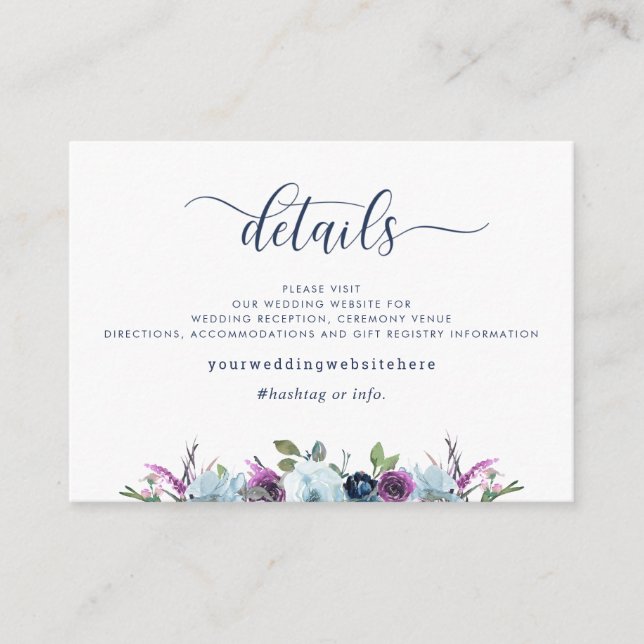 Carte D'accompagnement Détails du mariage / Site Web Floral bleu et viole (Devant)