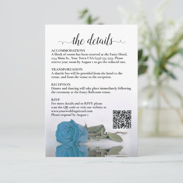 Carte D'accompagnement Détails du mariage Turquoise Blue Rose QR Code Enc (Debout devant)