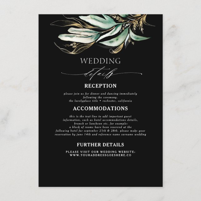 Carte D'accompagnement Détails du Mariage vert et noir or (Devant)