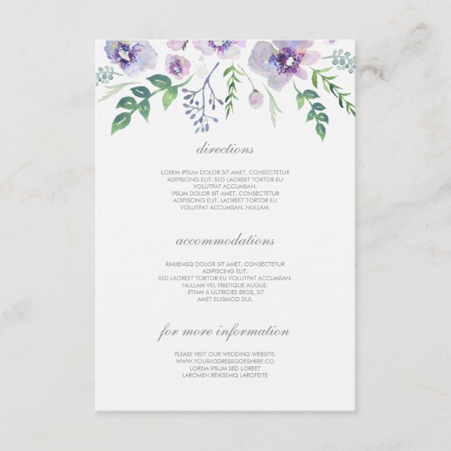Carte D'accompagnement Détails du Mariage violet et bleu - Informations (Devant)