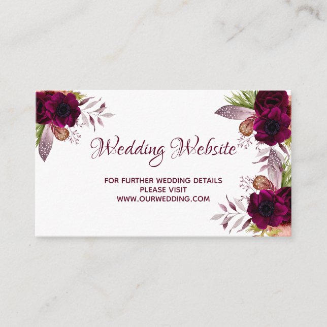 Carte D'accompagnement détails du site web mariage rose floral bordeaux (Devant)