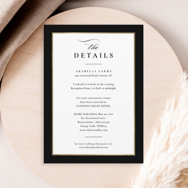 Carte D'accompagnement Détails élégants du Mariage noir et or (Elegant black and white wedding invitation details enclosure cards.)