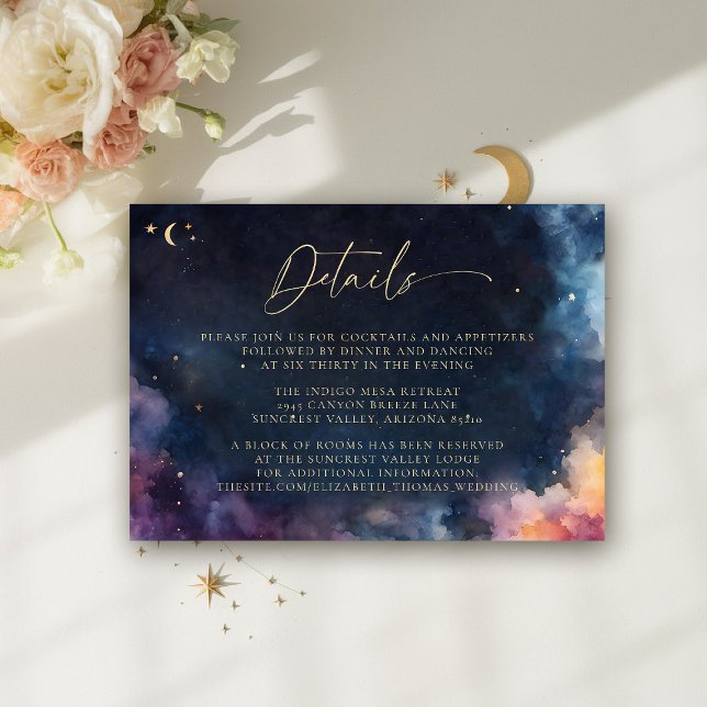 Carte D'accompagnement Détails élégants d'un mariage bleu minuit céleste (celestial wedding details reception card cosmic watercolor starry night sky galaxy universe astrolog)