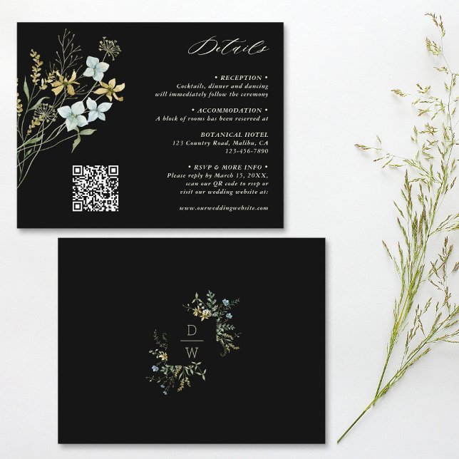Carte D'accompagnement Détails Fleur sauvage Boho Mariage noir (Front & Back)