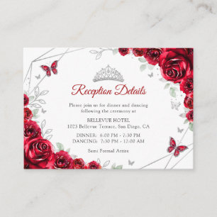 Carte D'accompagnement Détails Floraux Argent Rouge de Quinceanera
