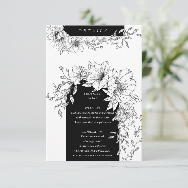 Carte D'accompagnement détails floraux élégants en noir et blanc (Debout devant)