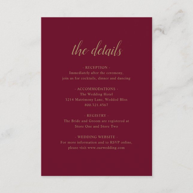 Carte D'accompagnement Détails Formels Élégants Mariage Bourgogne Or (Devant)