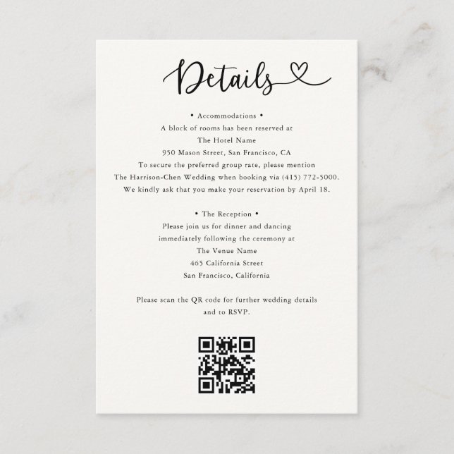 Carte D'accompagnement Details Heart QR Code RSVP Wedding  Enclosure Card (Devant)