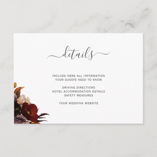 Carte D'accompagnement détails mariage bordeaux rustique automne enclos f (Devant)