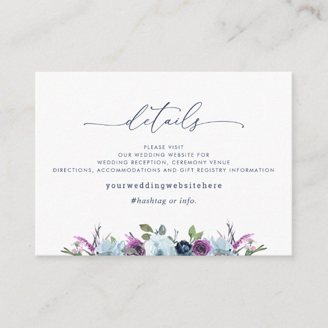 Carte D'accompagnement Détails Mariage Chic / Site Web Purple, Floral Ble (Devant)